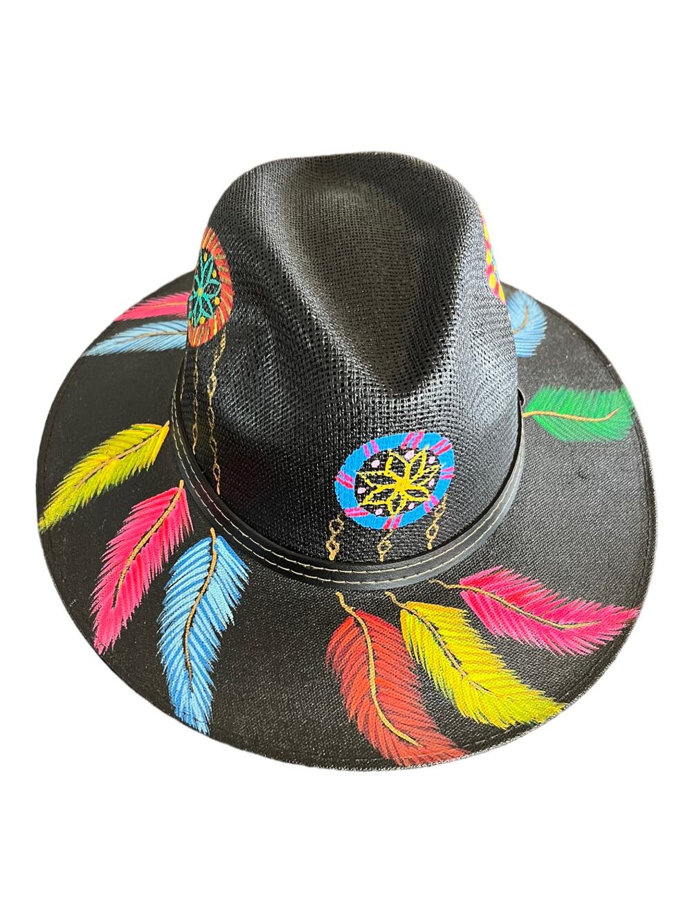 HAT MEXICAN Artisanal Hand Painted Fedora Floral Sombrero Panama Bohemian Black